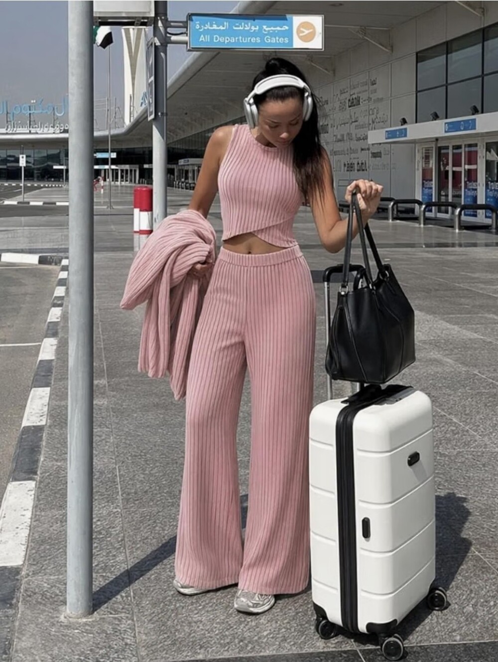 3pcs Knit Set Long Cardigan Criss Cross Crop Tank Top and Pants Lounge Set